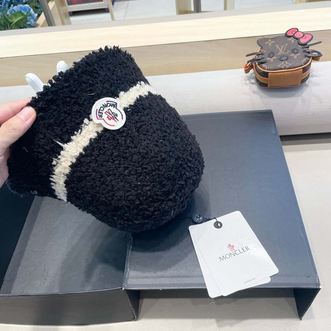 moncler秋冬渔夫帽帽子女针织纯色盆帽羊羔毛绒保暖防寒显脸小水桶帽优雅