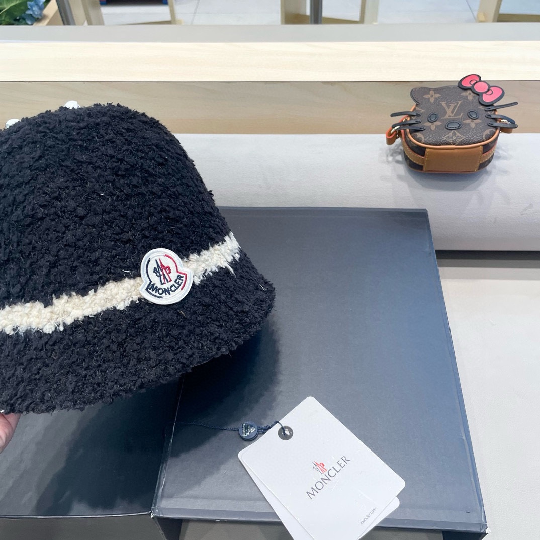 moncler秋冬渔夫帽帽子女针织纯色盆帽羊羔毛绒保暖防寒显脸小水桶帽优雅