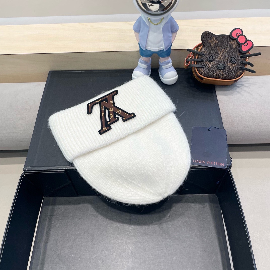 lv路易威登兔毛粗线针织帽女秋冬2024新款毛线帽大头围针织帽男款白色冷帽子