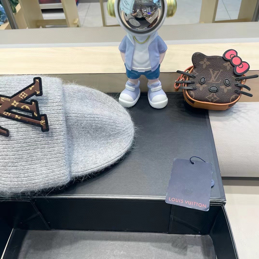 lv路易威登兔毛粗线针织帽女秋冬2024新款毛线帽大头围针织帽男款白色冷帽子