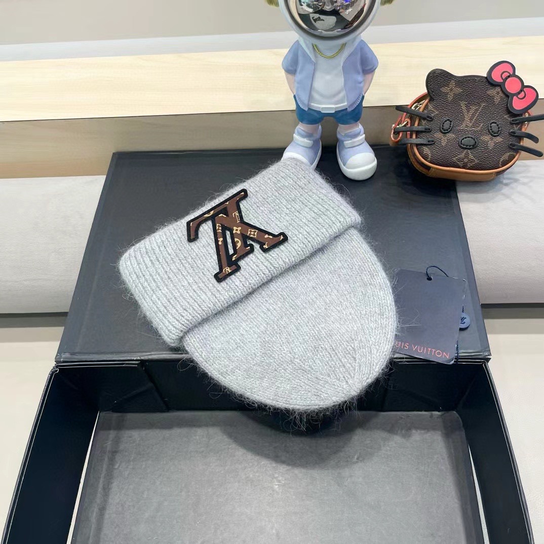 lv路易威登兔毛粗线针织帽女秋冬2024新款毛线帽大头围针织帽男款白色冷帽子