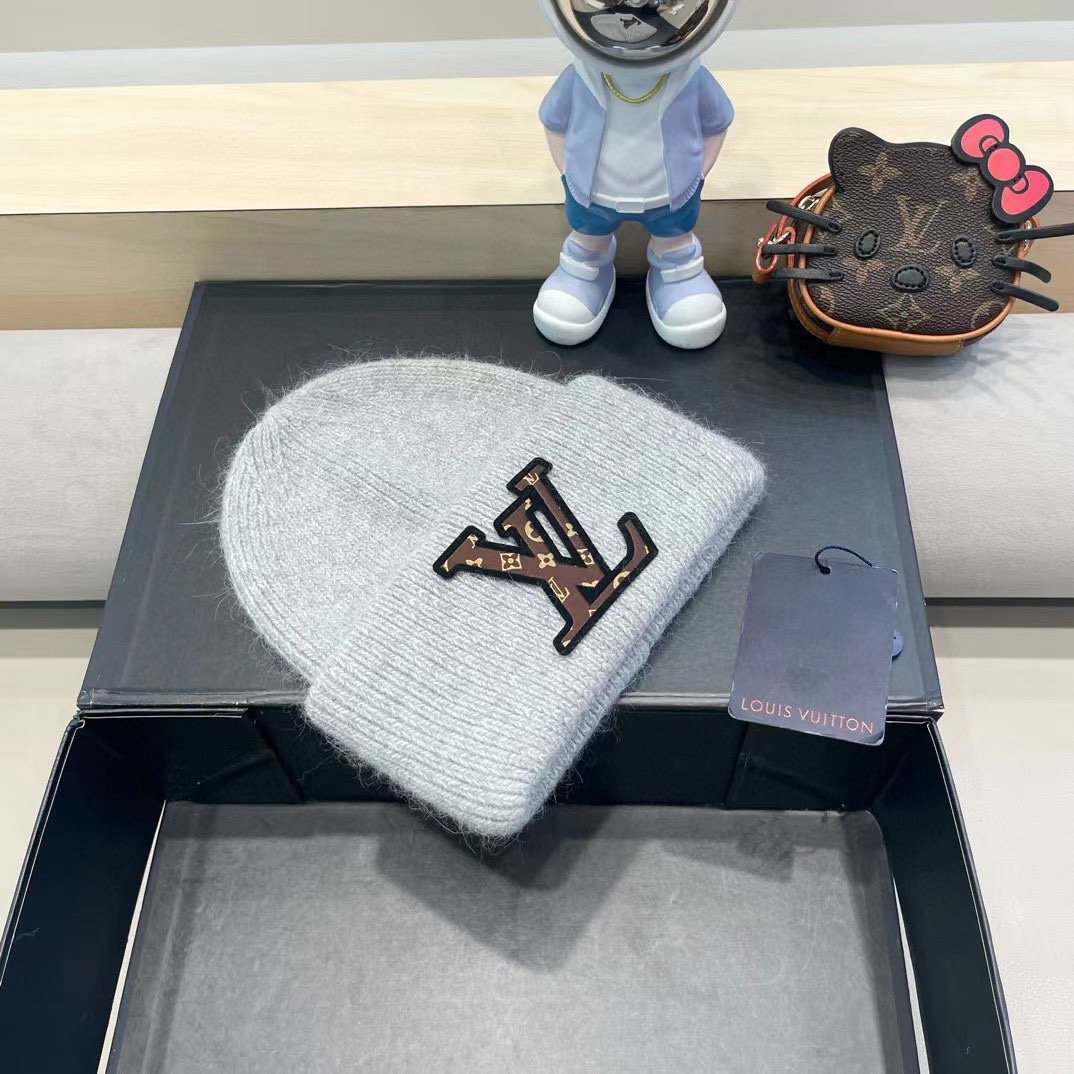 lv路易威登兔毛粗线针织帽女秋冬2024新款毛线帽大头围针织帽男款白色冷帽子