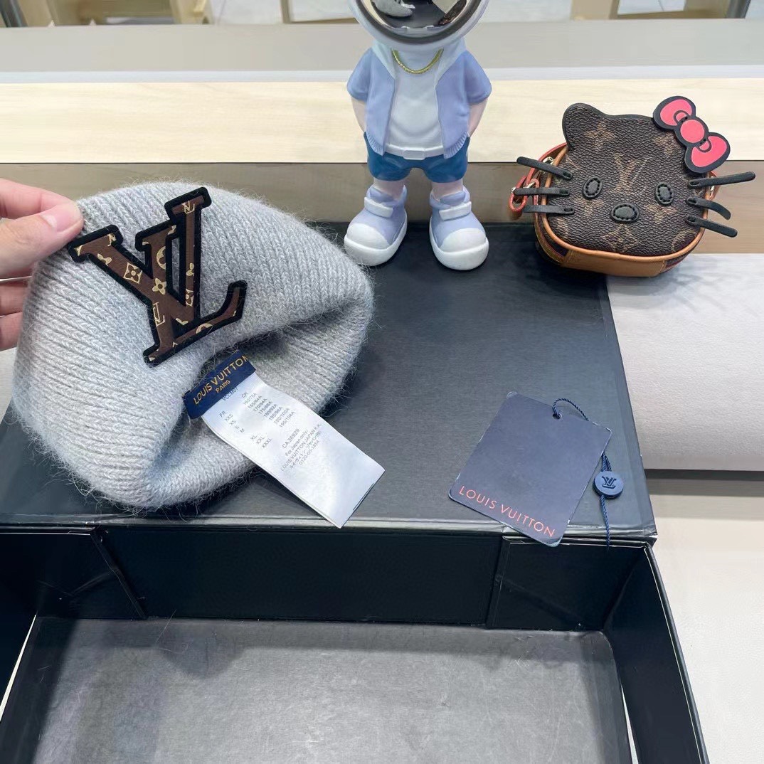 lv路易威登兔毛粗线针织帽女秋冬2024新款毛线帽大头围针织帽男款白色冷帽子