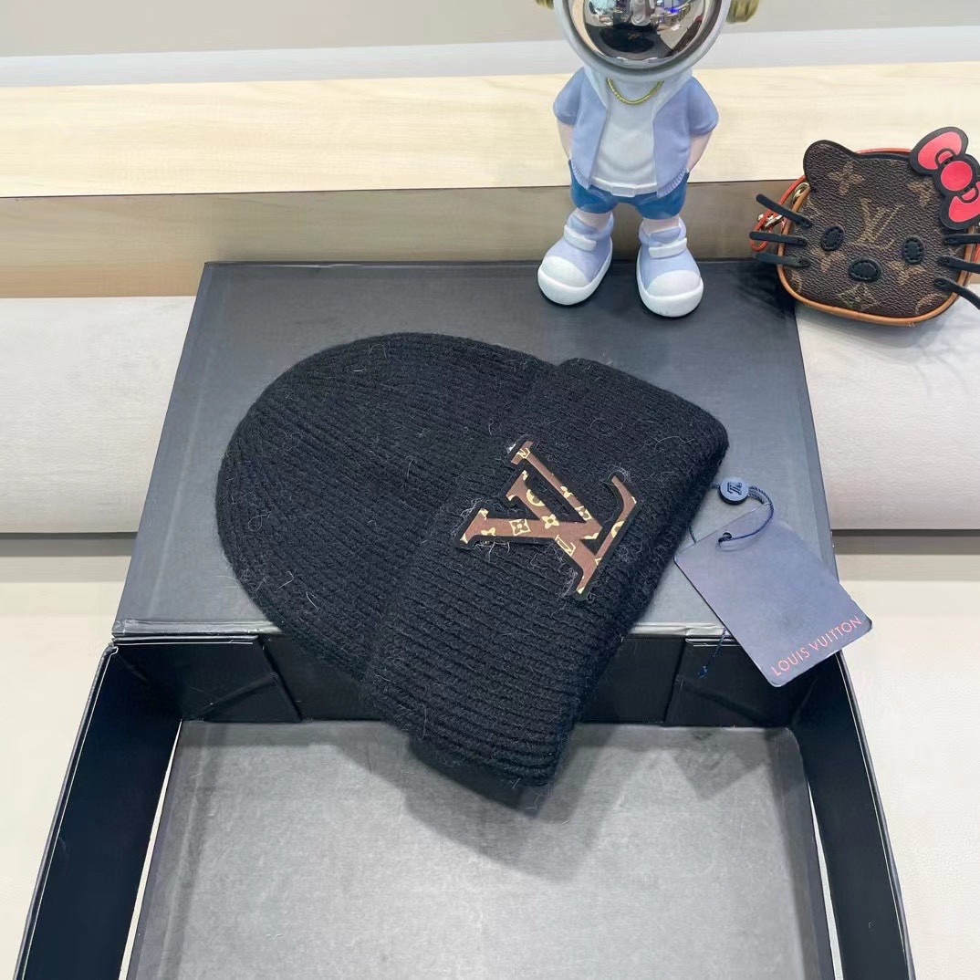 lv路易威登兔毛粗线针织帽女秋冬2024新款毛线帽大头围针织帽男款白色冷帽子