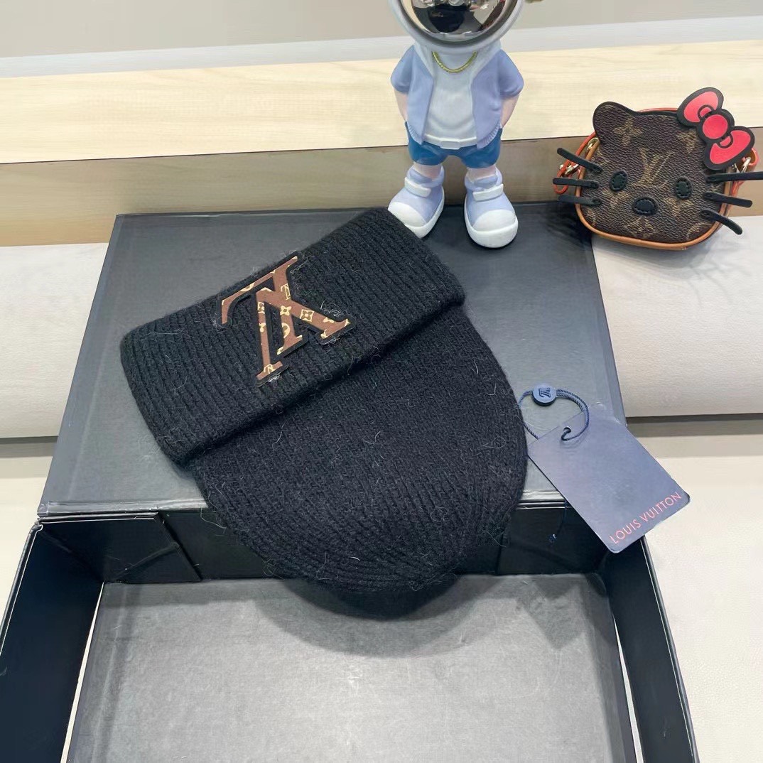 lv路易威登兔毛粗线针织帽女秋冬2024新款毛线帽大头围针织帽男款白色冷帽子