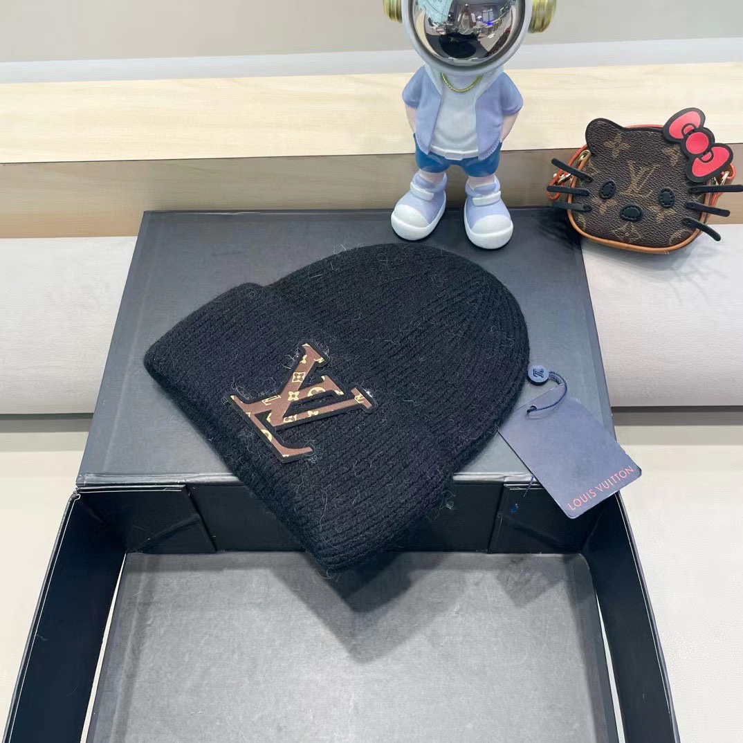 lv路易威登兔毛粗线针织帽女秋冬2024新款毛线帽大头围针织帽男款白色冷帽子