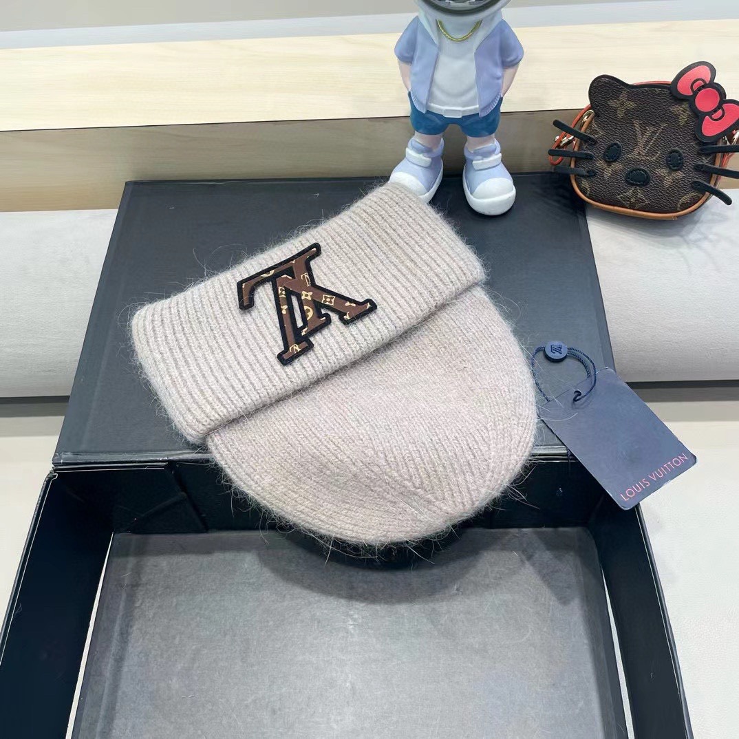 lv路易威登兔毛粗线针织帽女秋冬2024新款毛线帽大头围针织帽男款白色冷帽子
