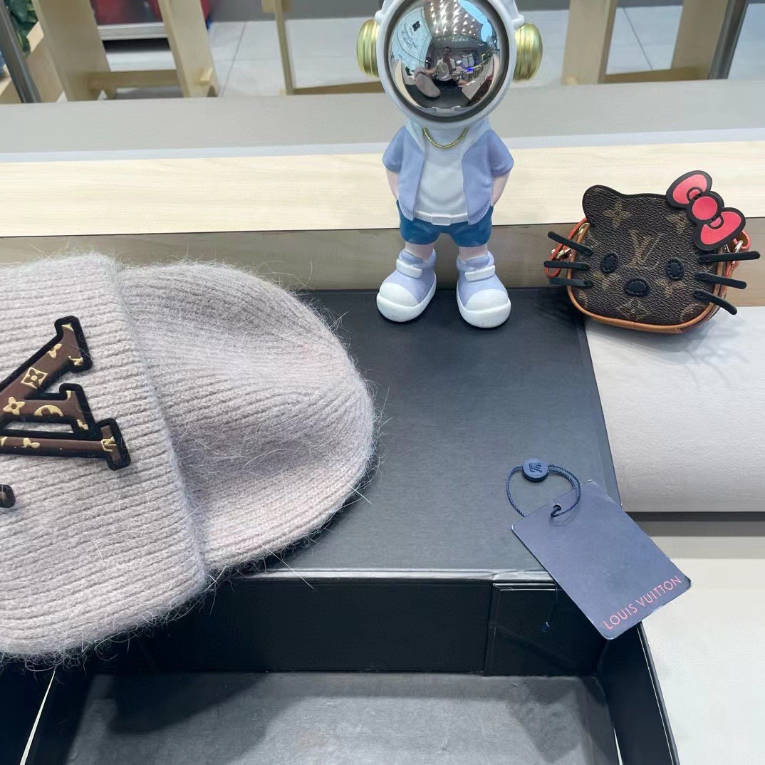 lv路易威登兔毛粗线针织帽女秋冬2024新款毛线帽大头围针织帽男款白色冷帽子