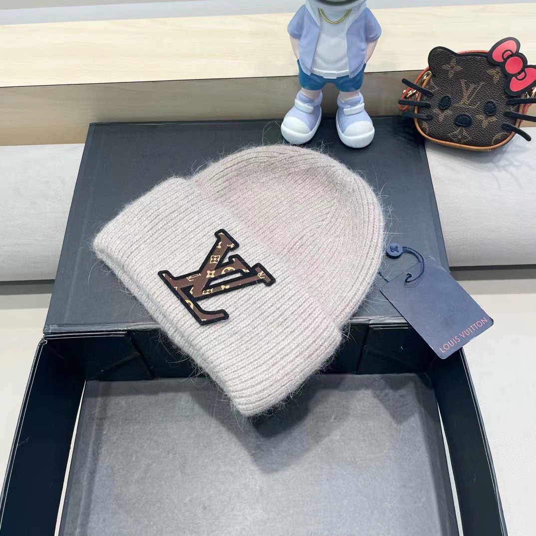 lv路易威登兔毛粗线针织帽女秋冬2024新款毛线帽大头围针织帽男款白色冷帽子