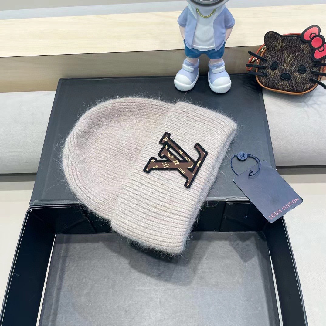 lv路易威登兔毛粗线针织帽女秋冬2024新款毛线帽大头围针织帽男款白色冷帽子