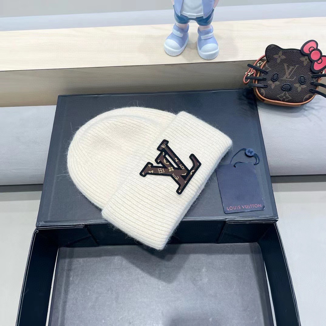 lv路易威登兔毛粗线针织帽女秋冬2024新款毛线帽大头围针织帽男款白色冷帽子