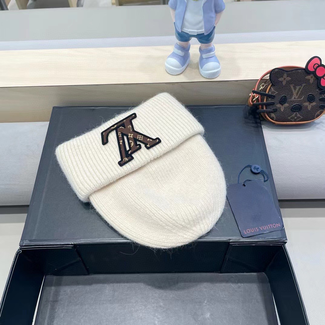 lv路易威登兔毛粗线针织帽女秋冬2024新款毛线帽大头围针织帽男款白色冷帽子