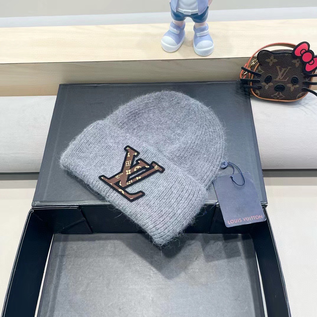lv路易威登兔毛粗线针织帽女秋冬2024新款毛线帽大头围针织帽男款白色冷帽子
