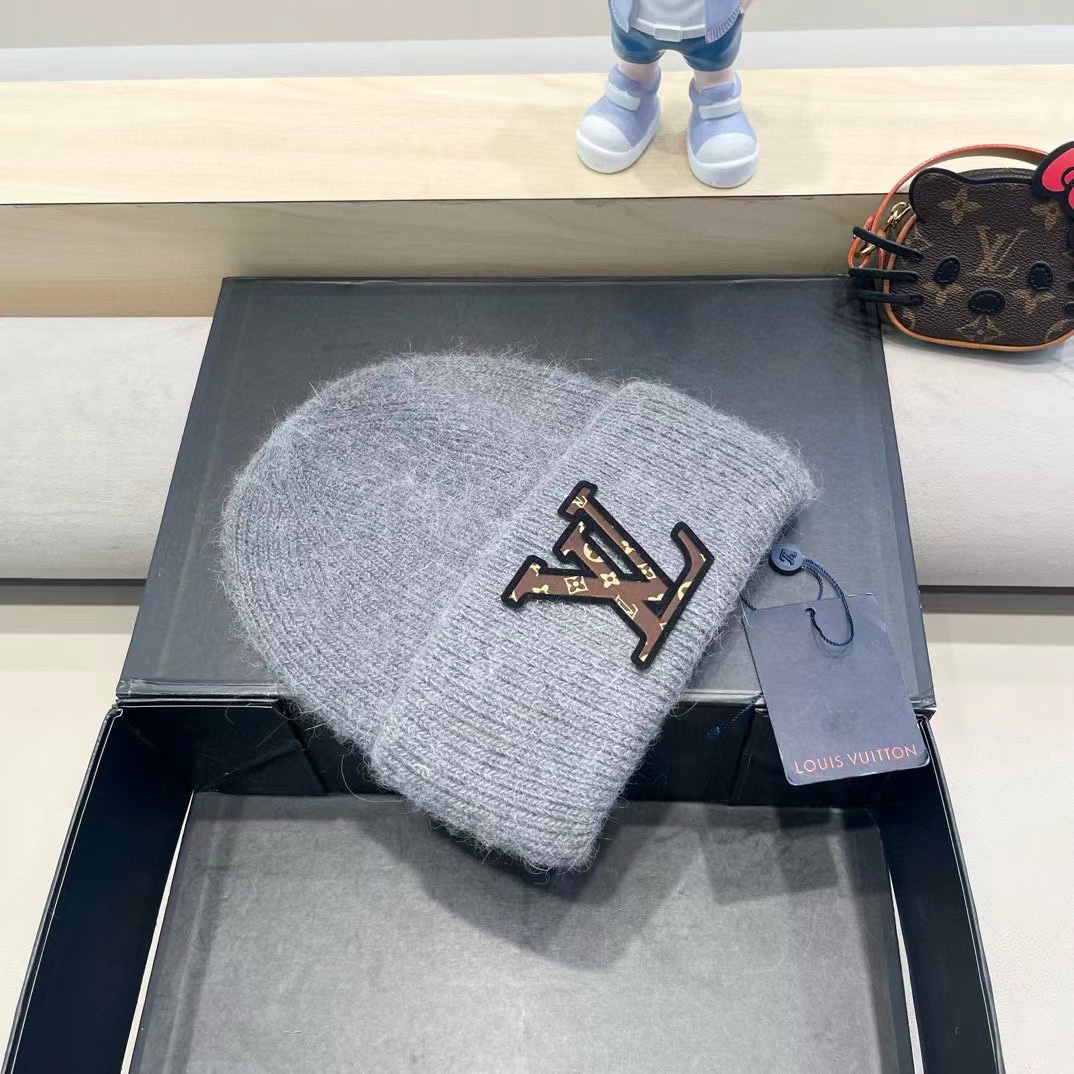 lv路易威登兔毛粗线针织帽女秋冬2024新款毛线帽大头围针织帽男款白色冷帽子