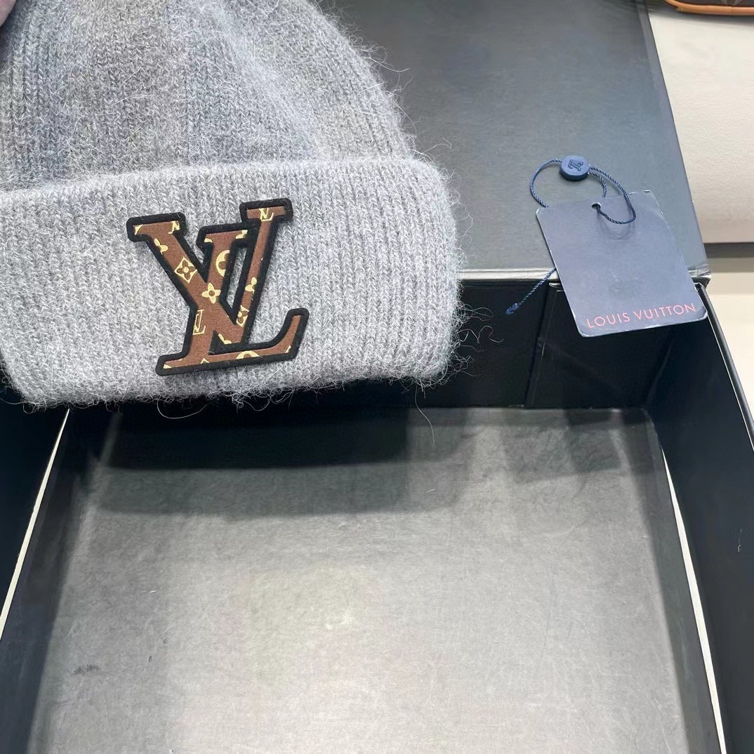 lv路易威登兔毛粗线针织帽女秋冬2024新款毛线帽大头围针织帽男款白色冷帽子