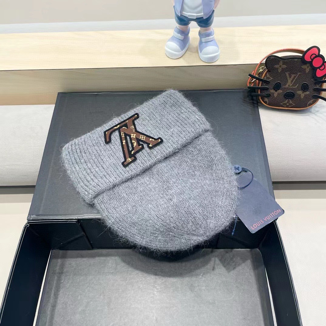 lv路易威登兔毛粗线针织帽女秋冬2024新款毛线帽大头围针织帽男款白色冷帽子