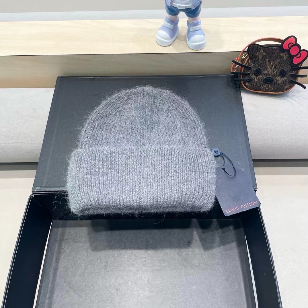 lv路易威登兔毛粗线针织帽女秋冬2024新款毛线帽大头围针织帽男款白色冷帽子