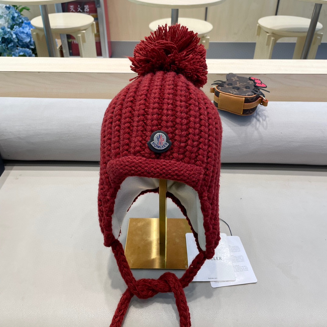 moncler雷锋帽子女秋冬季骑行韩版百搭显脸小休闲贴布保暖绑带护耳毛线帽