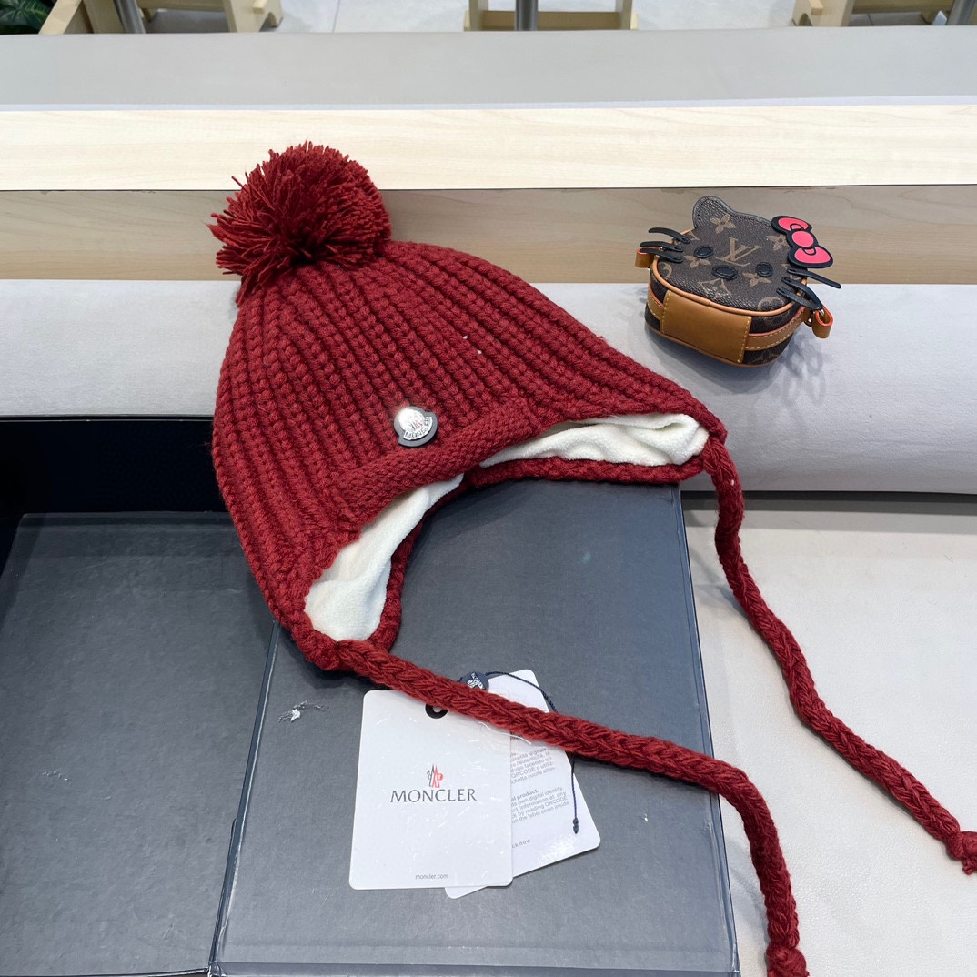 moncler雷锋帽子女秋冬季骑行韩版百搭显脸小休闲贴布保暖绑带护耳毛线帽