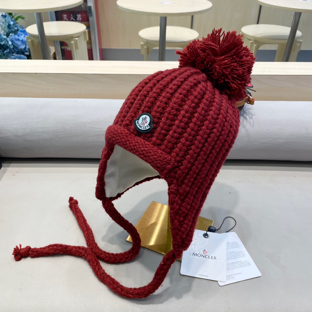 moncler雷锋帽子女秋冬季骑行韩版百搭显脸小休闲贴布保暖绑带护耳毛线帽