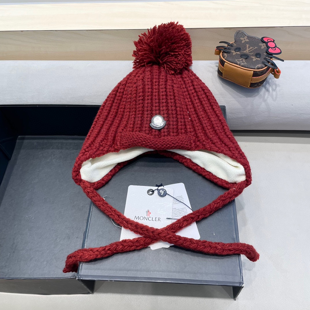 moncler雷锋帽子女秋冬季骑行韩版百搭显脸小休闲贴布保暖绑带护耳毛线帽