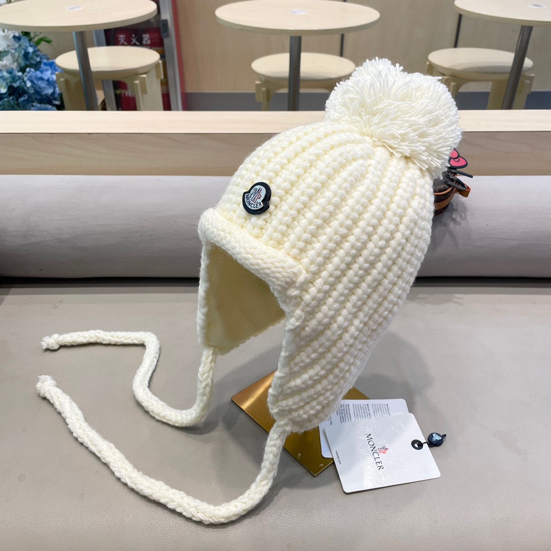 moncler雷锋帽子女秋冬季骑行韩版百搭显脸小休闲贴布保暖绑带护耳毛线帽