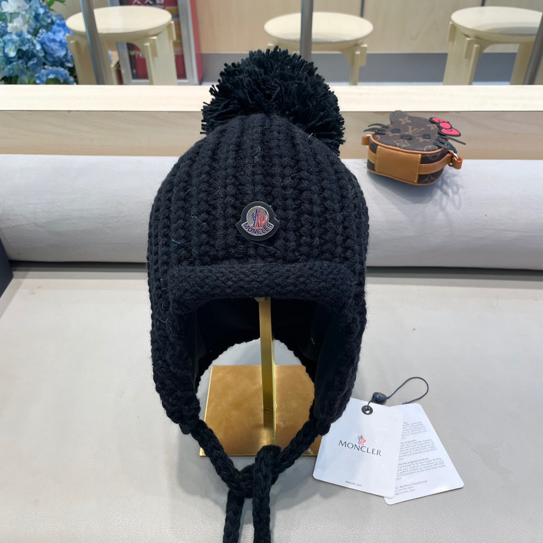 moncler雷锋帽子女秋冬季骑行韩版百搭显脸小休闲贴布保暖绑带护耳毛线帽