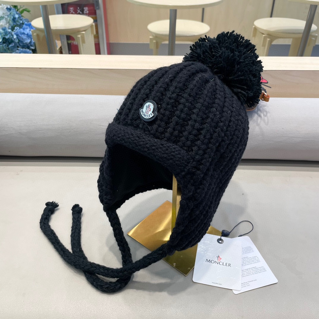 moncler雷锋帽子女秋冬季骑行韩版百搭显脸小休闲贴布保暖绑带护耳毛线帽