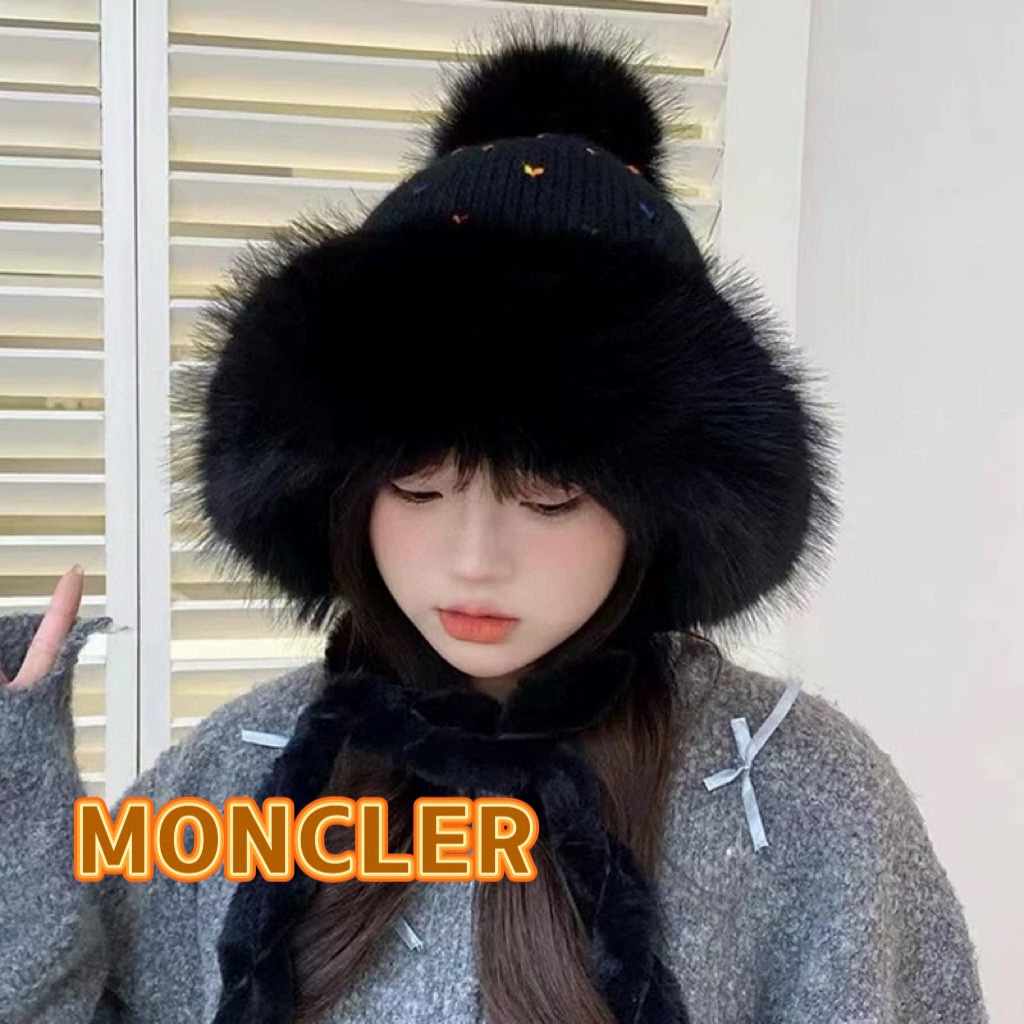 MONCLER蒙口仿兔毛彩色针织帽子女2024冬加厚加绒保暖雷锋帽骑车防寒毛线帽潮