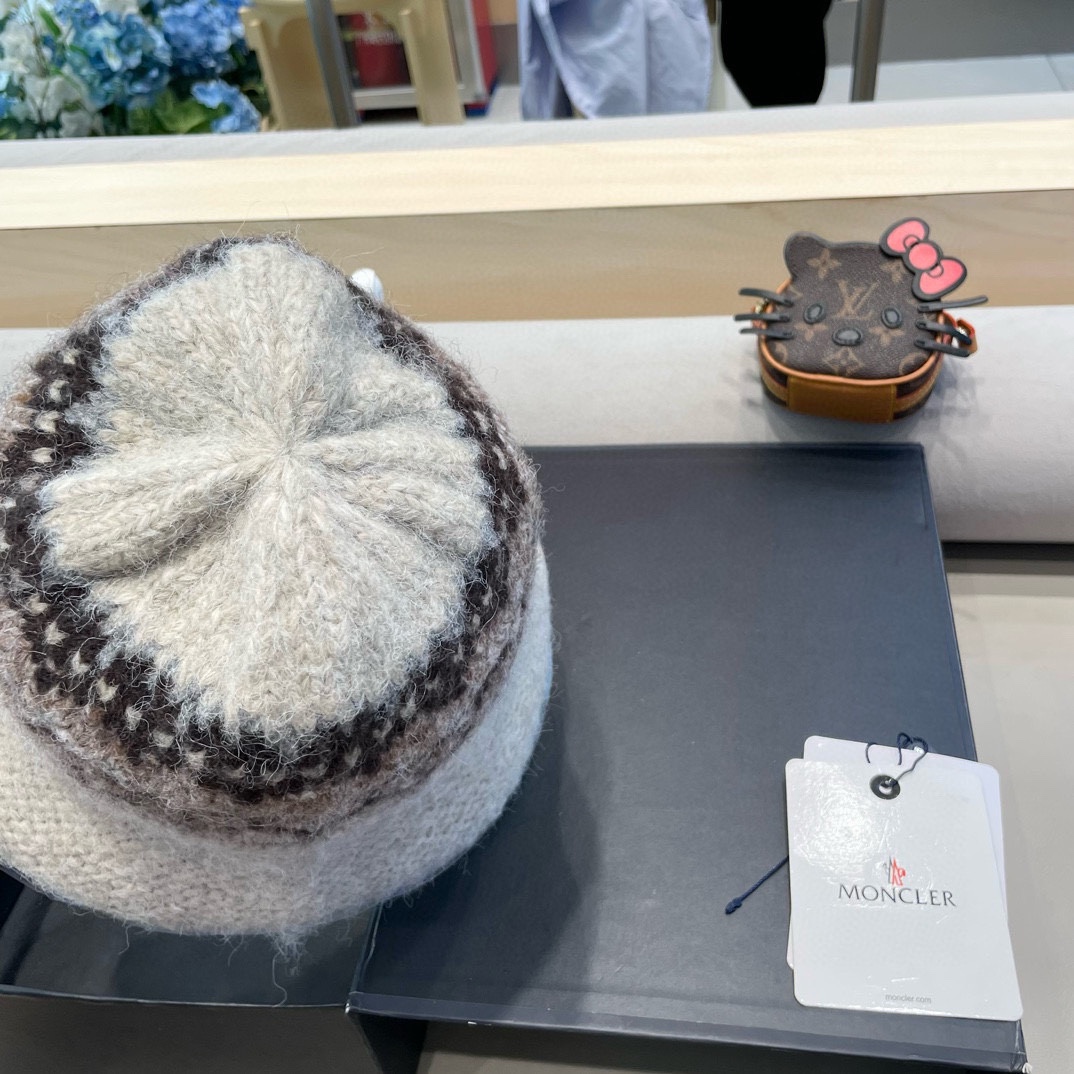 moncler费尔岛风含羊毛针织渔夫帽女秋冬季韩版显脸小保暖大头围毛线帽子
