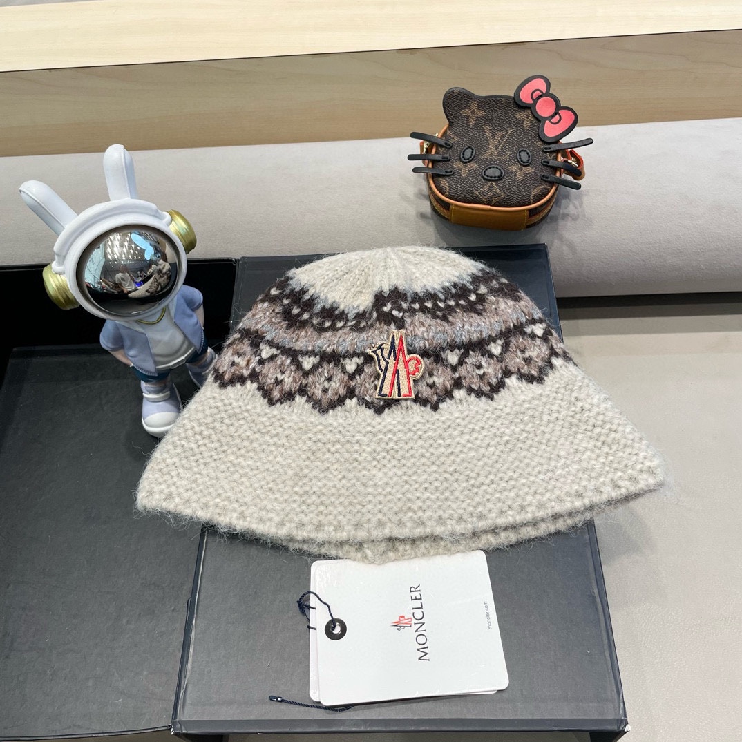 moncler费尔岛风含羊毛针织渔夫帽女秋冬季韩版显脸小保暖大头围毛线帽子