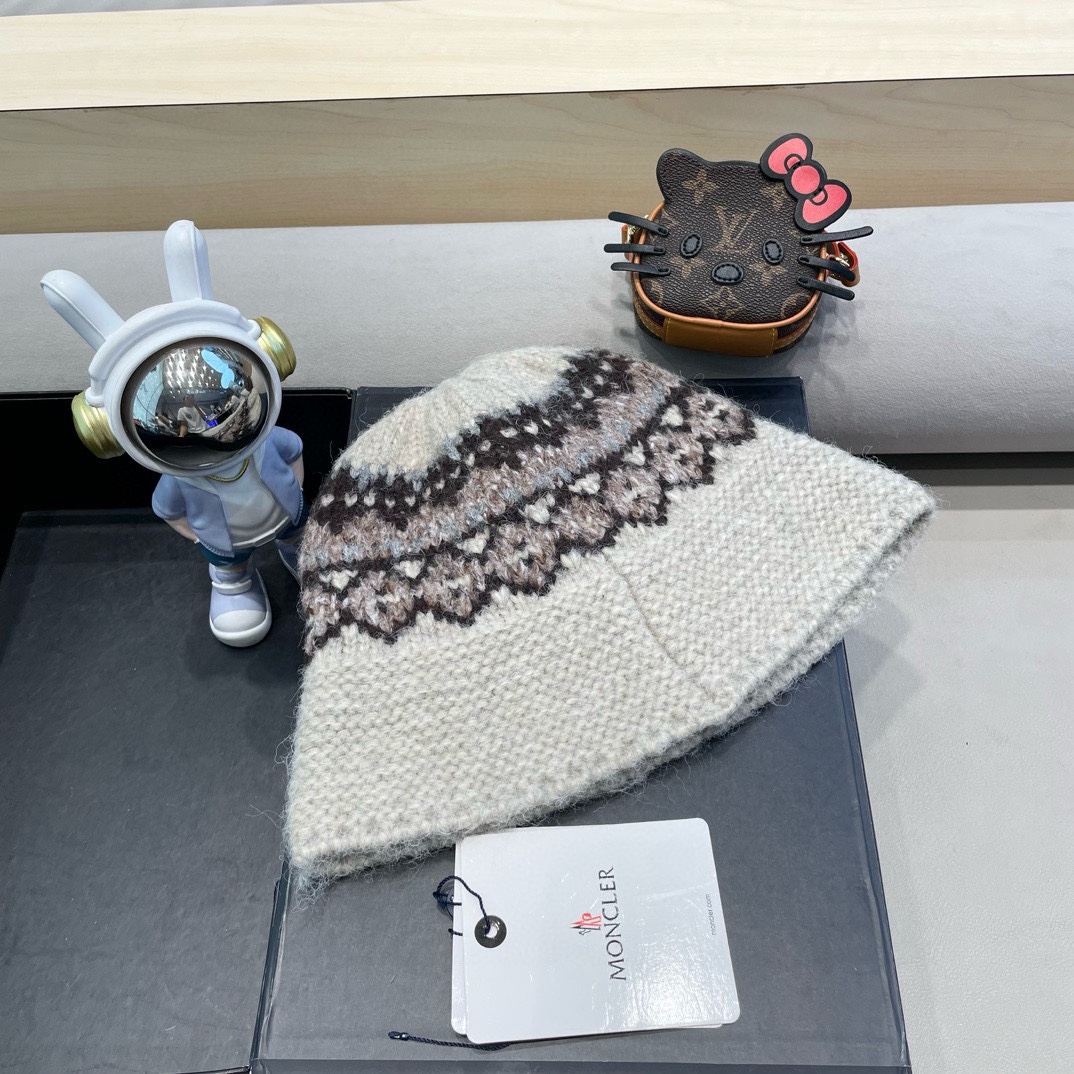 moncler费尔岛风含羊毛针织渔夫帽女秋冬季韩版显脸小保暖大头围毛线帽子