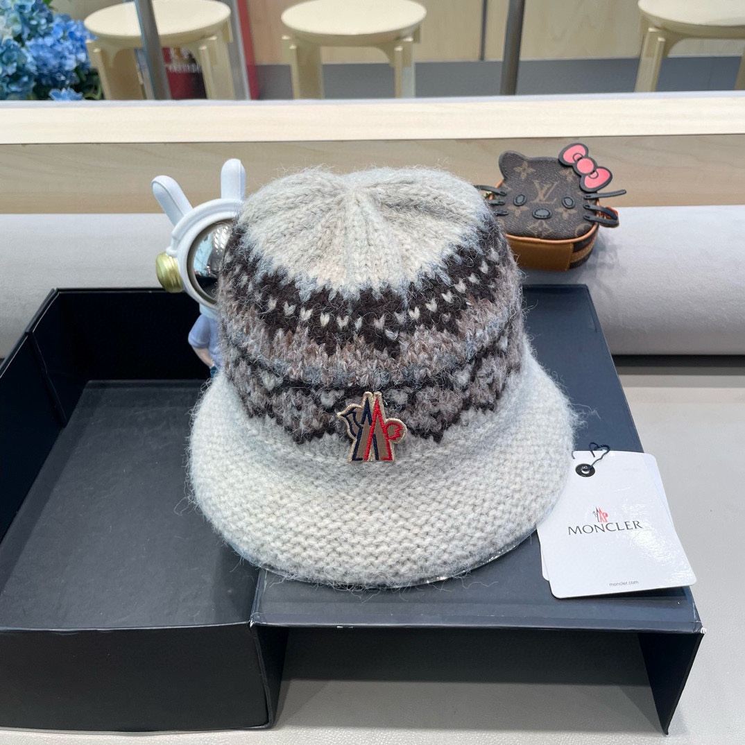 moncler费尔岛风含羊毛针织渔夫帽女秋冬季韩版显脸小保暖大头围毛线帽子