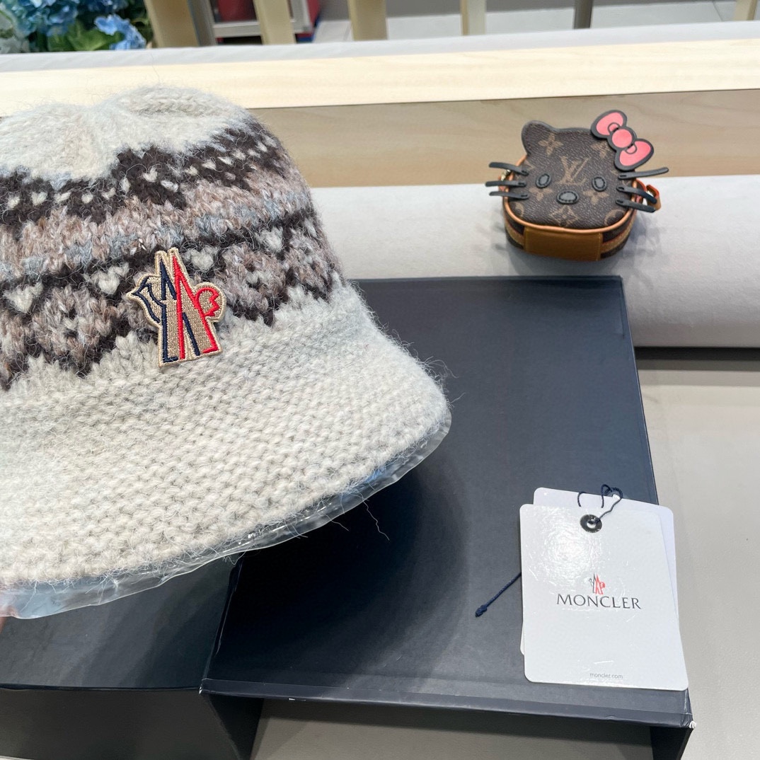 moncler费尔岛风含羊毛针织渔夫帽女秋冬季韩版显脸小保暖大头围毛线帽子
