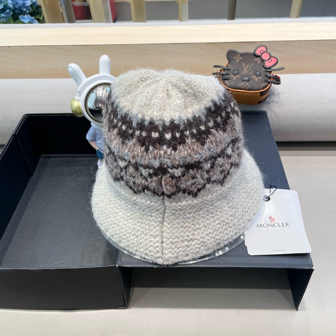 moncler费尔岛风含羊毛针织渔夫帽女秋冬季韩版显脸小保暖大头围毛线帽子