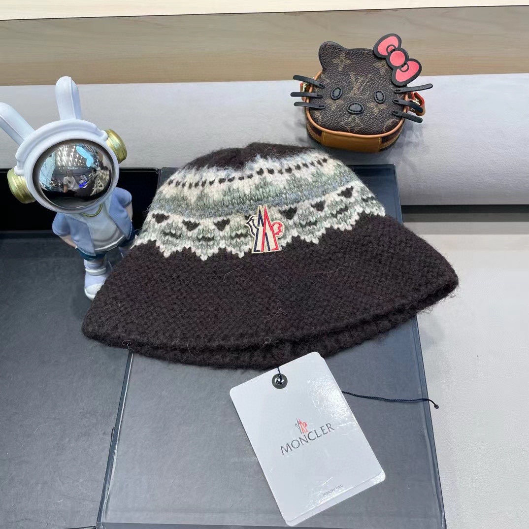 moncler费尔岛风含羊毛针织渔夫帽女秋冬季韩版显脸小保暖大头围毛线帽子
