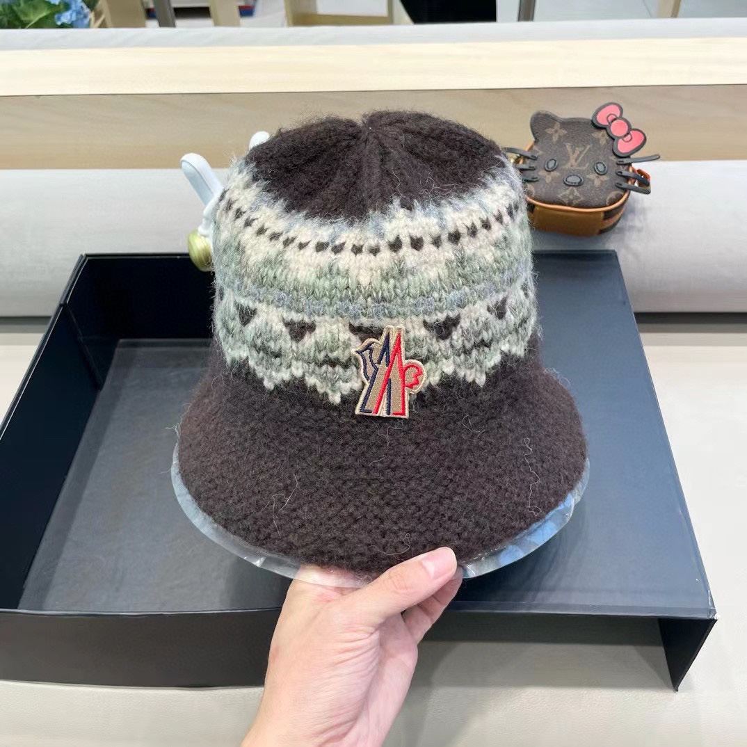 moncler费尔岛风含羊毛针织渔夫帽女秋冬季韩版显脸小保暖大头围毛线帽子