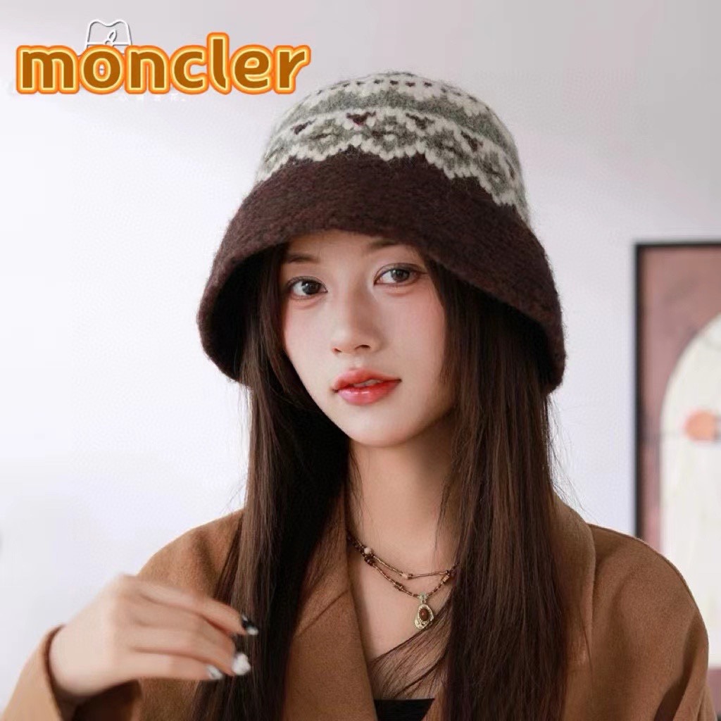moncler费尔岛风含羊毛针织渔夫帽女秋冬季韩版显脸小保暖大头围毛线帽子