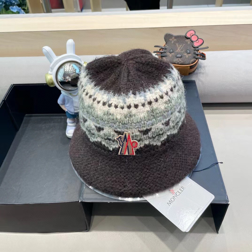 moncler费尔岛风含羊毛针织渔夫帽女秋冬季韩版显脸小保暖大头围毛线帽子
