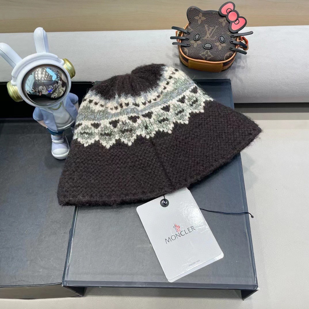 moncler费尔岛风含羊毛针织渔夫帽女秋冬季韩版显脸小保暖大头围毛线帽子