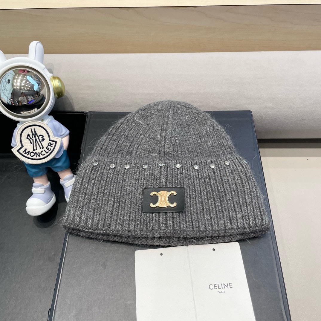 celine塞琳重工水钻珍珠兔毛毛线帽冬季粉色保暖针织帽滑雪护耳帽女包头冷帽