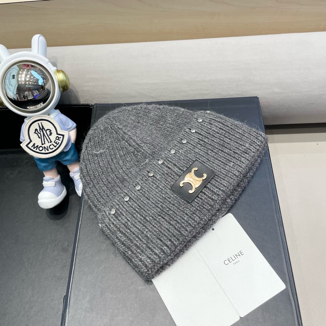 celine塞琳重工水钻珍珠兔毛毛线帽冬季粉色保暖针织帽滑雪护耳帽女包头冷帽