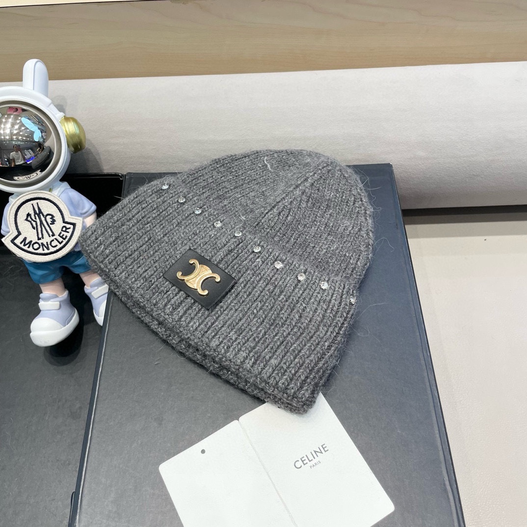 celine塞琳重工水钻珍珠兔毛毛线帽冬季粉色保暖针织帽滑雪护耳帽女包头冷帽