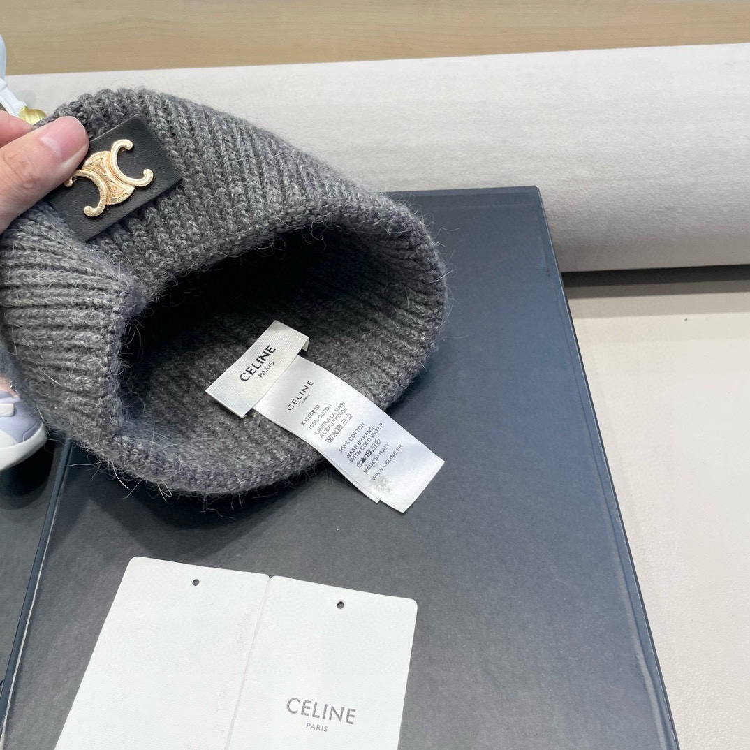 celine塞琳重工水钻珍珠兔毛毛线帽冬季粉色保暖针织帽滑雪护耳帽女包头冷帽