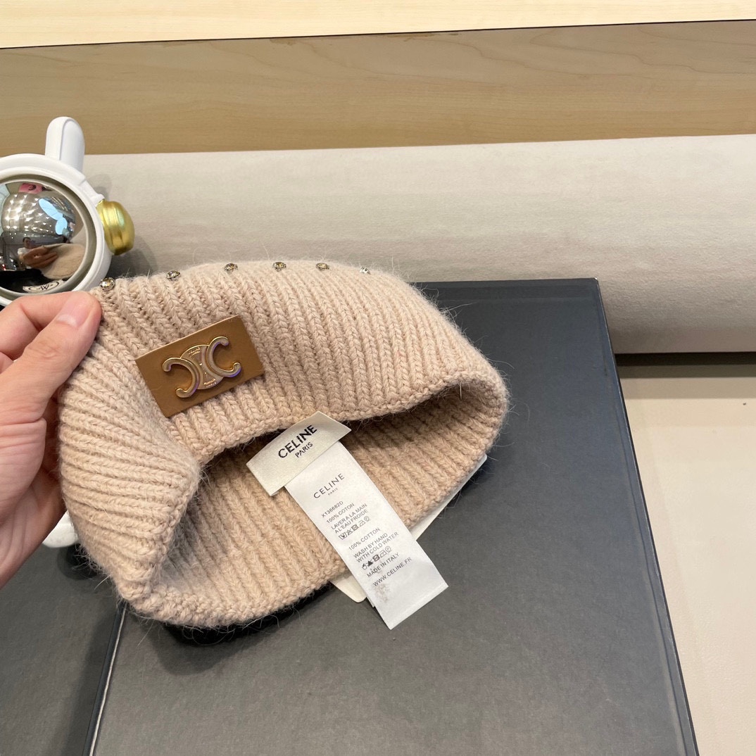 celine塞琳重工水钻珍珠兔毛毛线帽冬季粉色保暖针织帽滑雪护耳帽女包头冷帽