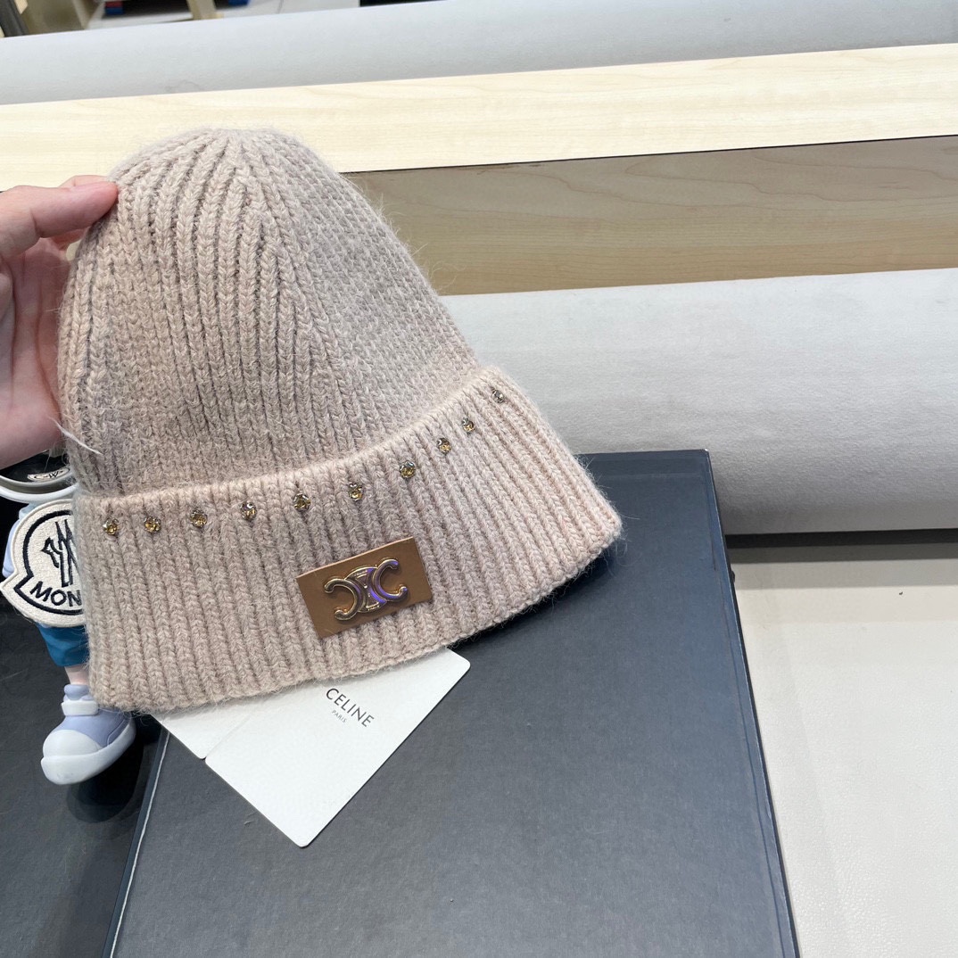 celine塞琳重工水钻珍珠兔毛毛线帽冬季粉色保暖针织帽滑雪护耳帽女包头冷帽