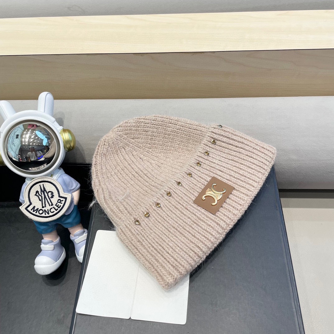 celine塞琳重工水钻珍珠兔毛毛线帽冬季粉色保暖针织帽滑雪护耳帽女包头冷帽