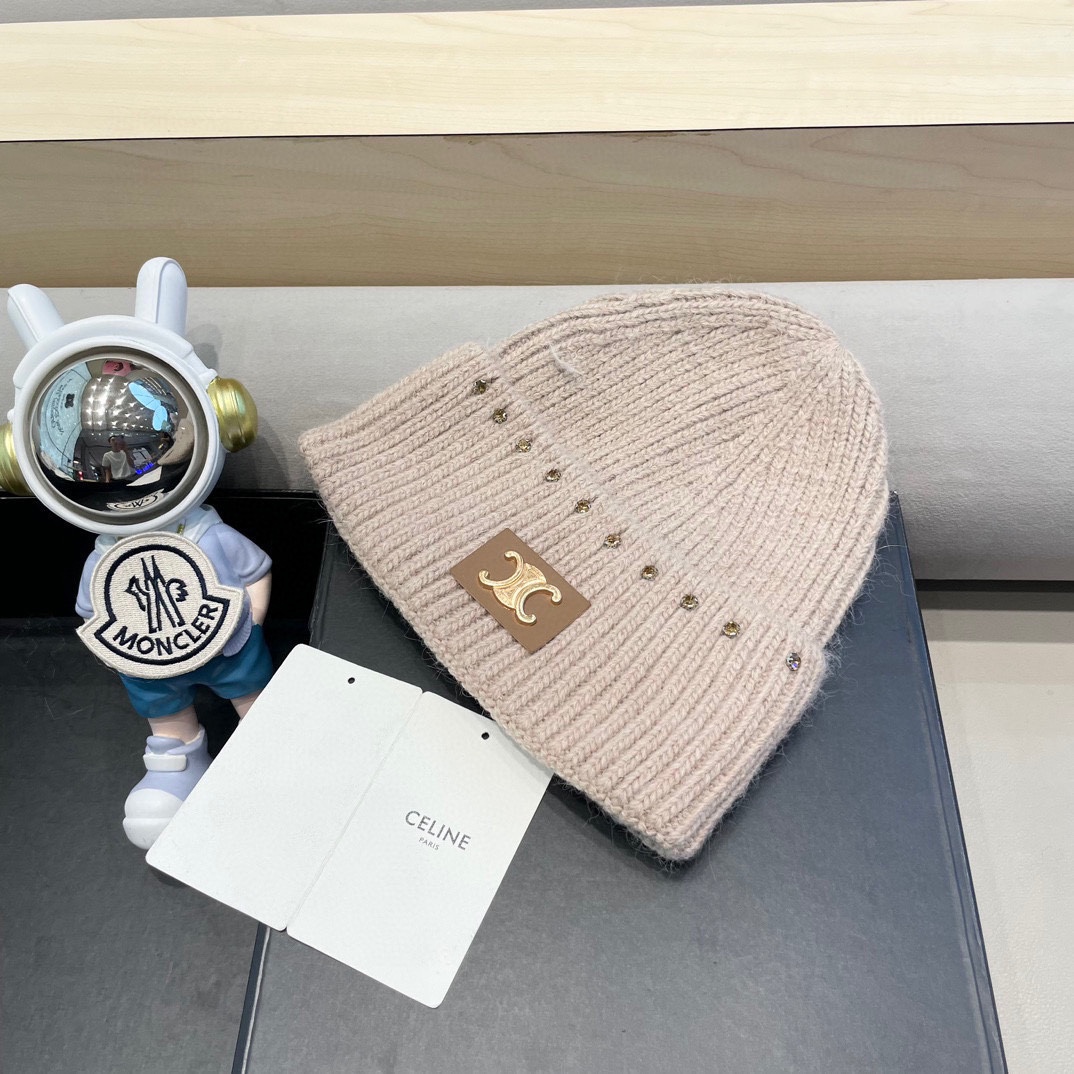 celine塞琳重工水钻珍珠兔毛毛线帽冬季粉色保暖针织帽滑雪护耳帽女包头冷帽