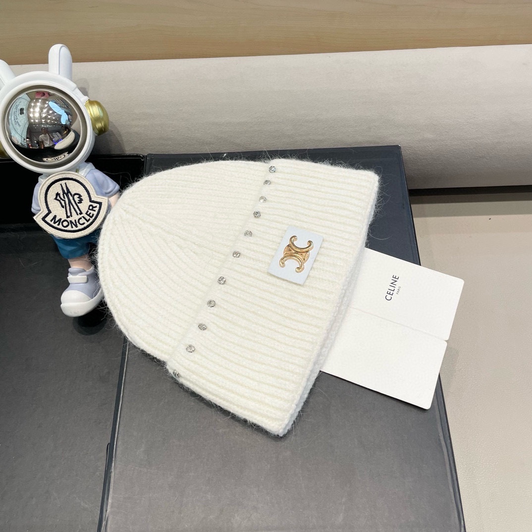 celine塞琳重工水钻珍珠兔毛毛线帽冬季粉色保暖针织帽滑雪护耳帽女包头冷帽