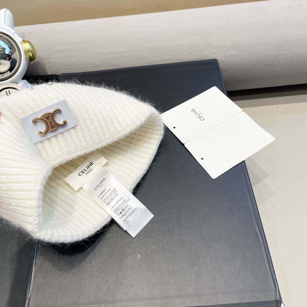 celine塞琳重工水钻珍珠兔毛毛线帽冬季粉色保暖针织帽滑雪护耳帽女包头冷帽